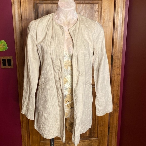 Eileen Fisher Cream Tan crinkled Linen Cotton blend long Jacket cardigan Sz XS - Picture 9 of 11